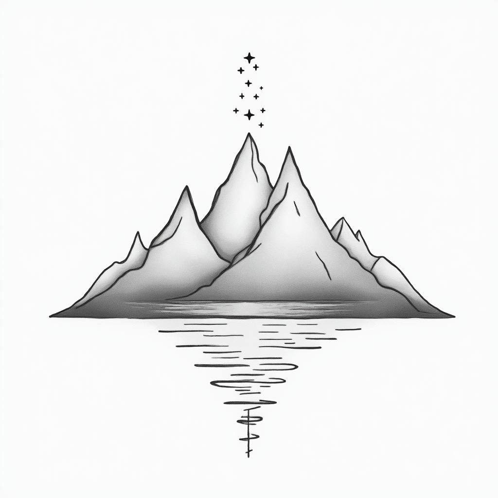 Mountains and Seain minimalist style tattoo, featuring simple shapes and fine lines, with minimal shading and details, tiny triangles, creating a sense of balance and harmony