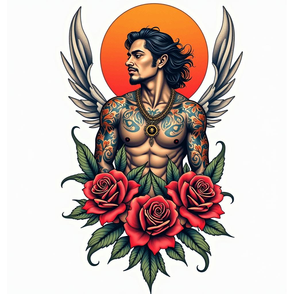 Hugo, sagitario, san Cristóbal in authentic tattoo style, incorporating traditional modifications, bold black outlines, solid color fills, featuring classic authentic elements