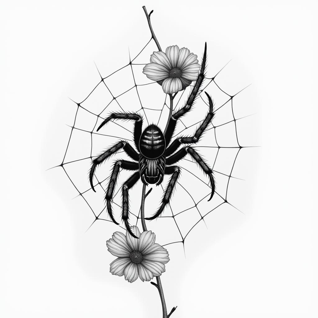 Small spider on web with flowers with stemin realism tattoo style, featuring a highly detailed, lifelike, capturing every detail, photorealistic, ultra realistic, intricate shading, smooth and sharp, - Variation 13