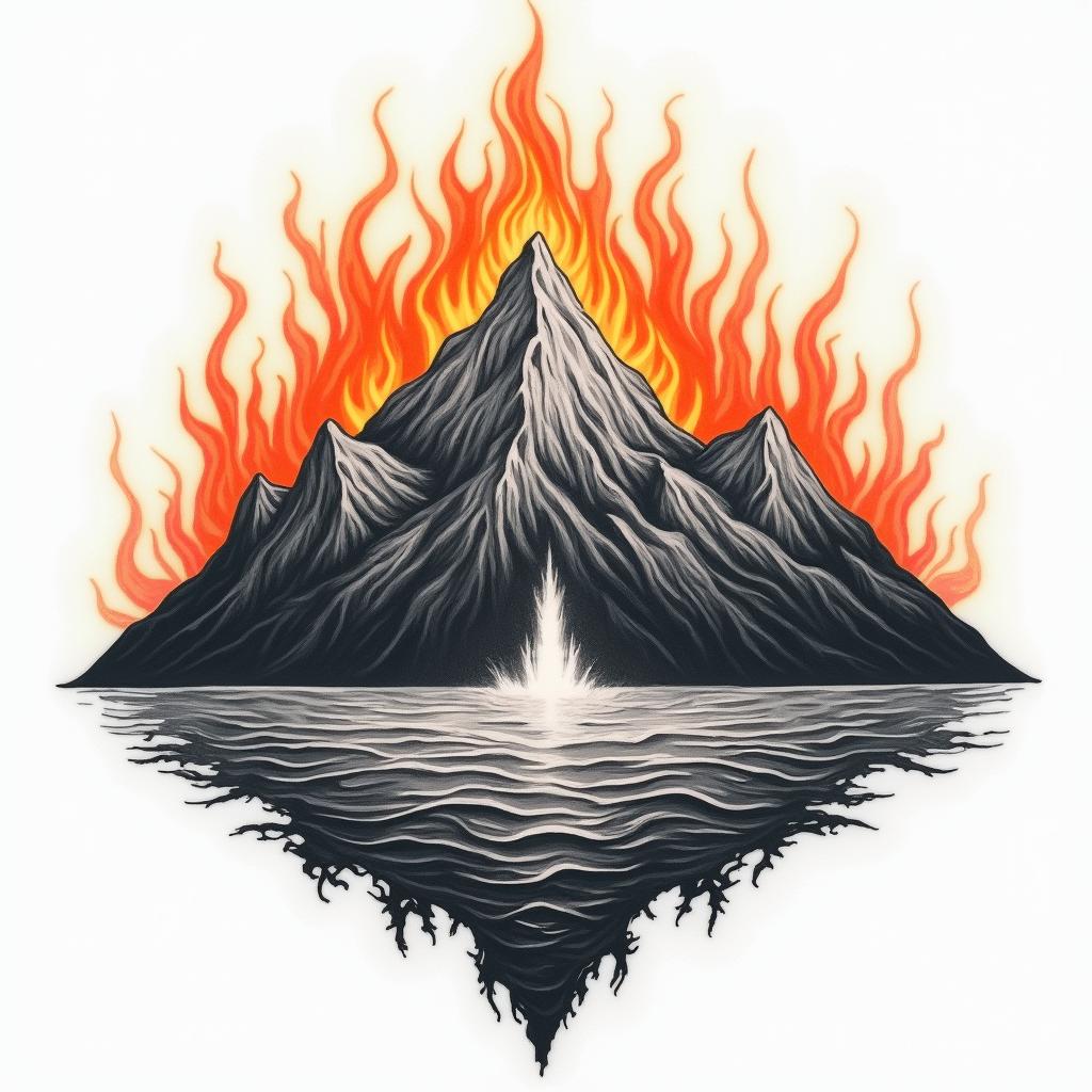 Mountains and Seain flame tattoo style showcasing fiery elements with dynamic flame patterns, glowing effect of flames, natural colors