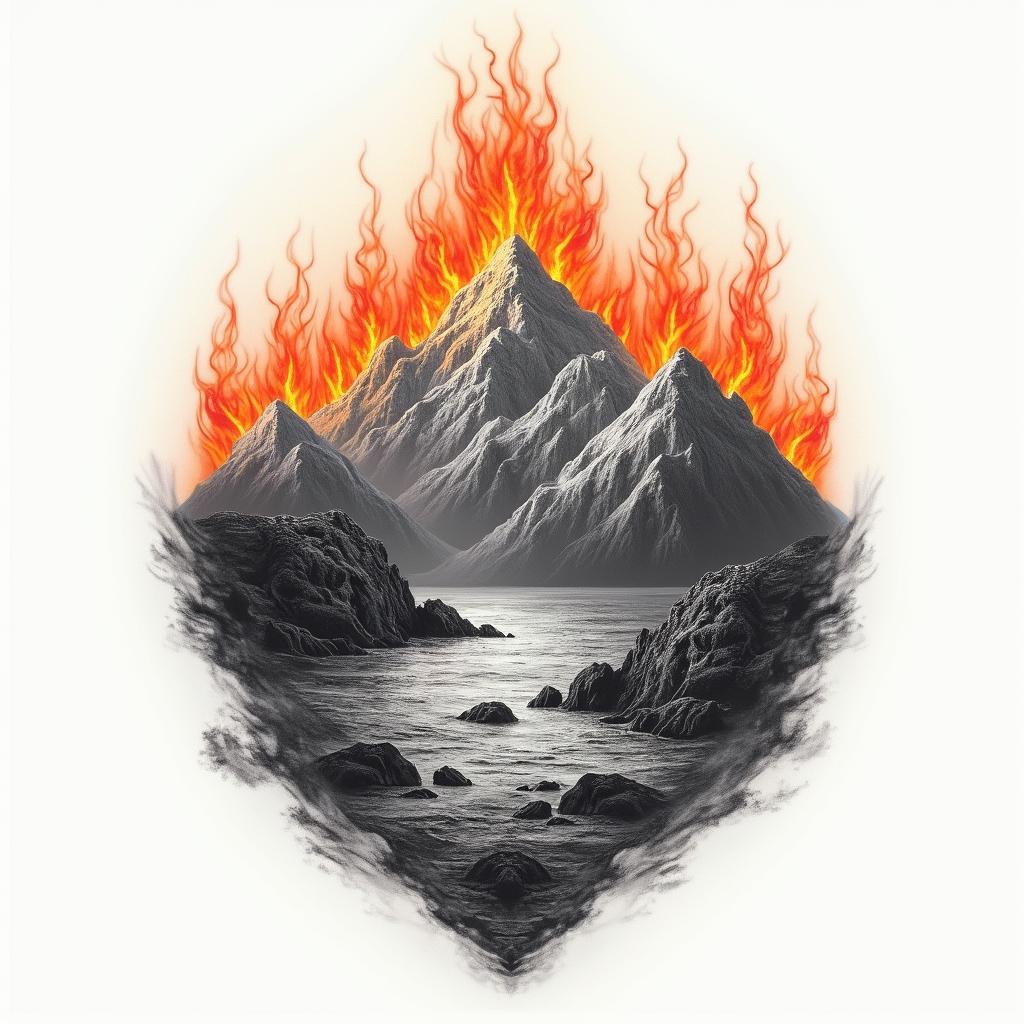 Mountains and Seain flame tattoo style showcasing fiery elements with dynamic flame patterns, glowing effect of flames, natural colors - Variation 3