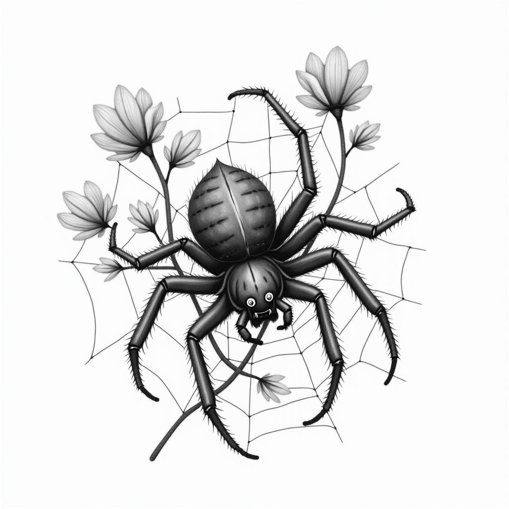 Small spider on web with flowers with stemin realism tattoo style, featuring a highly detailed, lifelike, capturing every detail, photorealistic, ultra realistic, intricate shading, smooth and sharp, - Variation 14