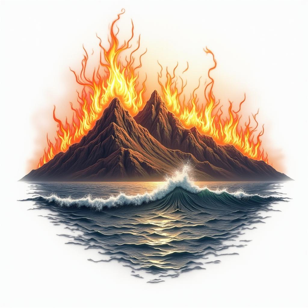 Mountains and Seain flame tattoo style showcasing fiery elements with dynamic flame patterns, glowing effect of flames, natural colors - Variation 2