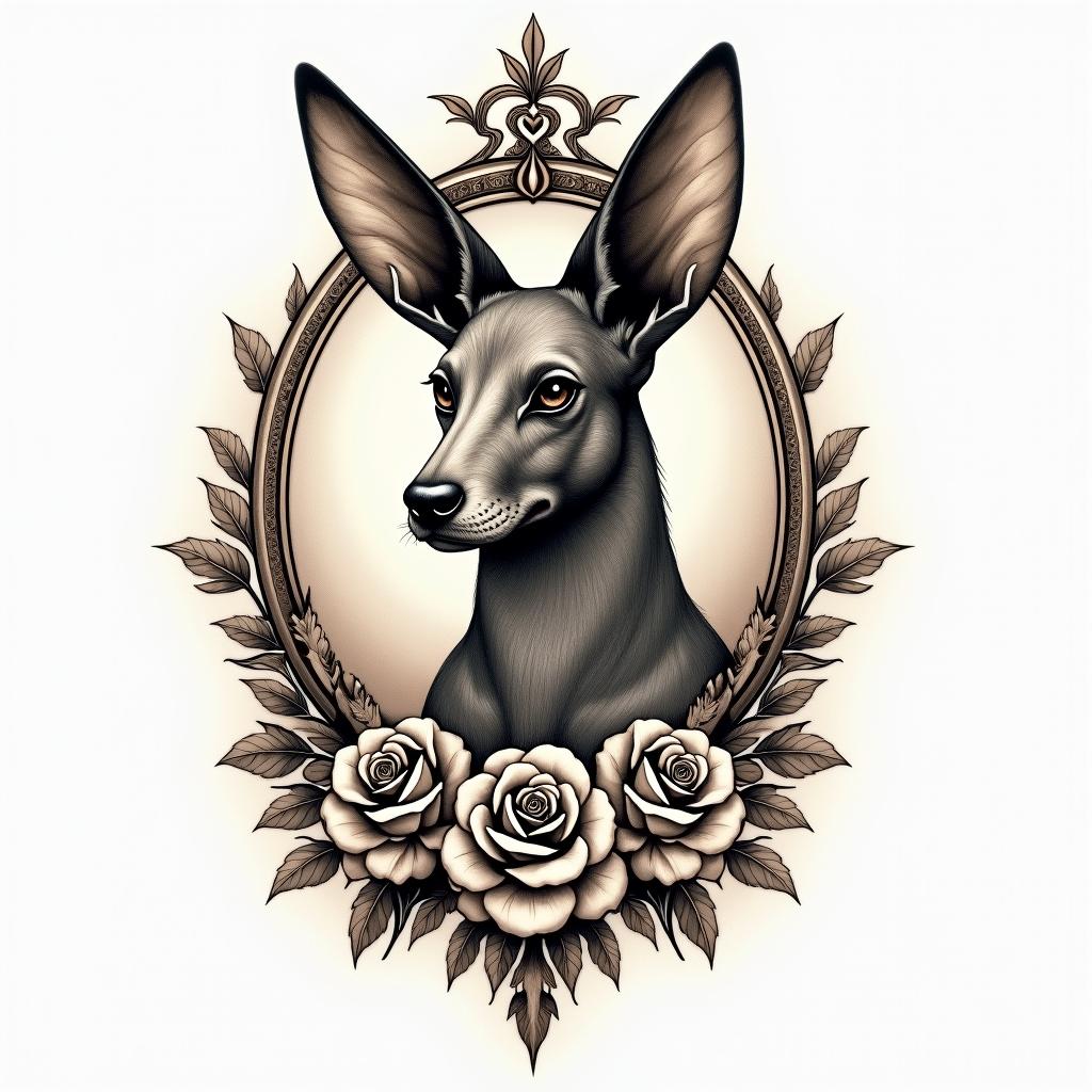 Anubisin victorian style tattoo, featuring vintage and elegant elements, ornate frames, roses, antique, sepia-toned color scheme