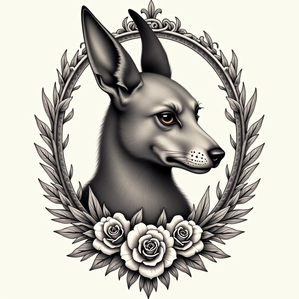 Anubisin victorian style tattoo, featuring vintage and elegant elements, ornate frames, roses, antique, sepia-toned color scheme - Variation 2