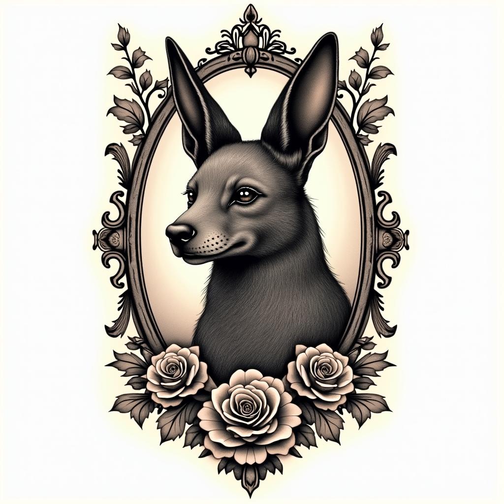 Anubisin victorian style tattoo, featuring vintage and elegant elements, ornate frames, roses, antique, sepia-toned color scheme - Variation 4
