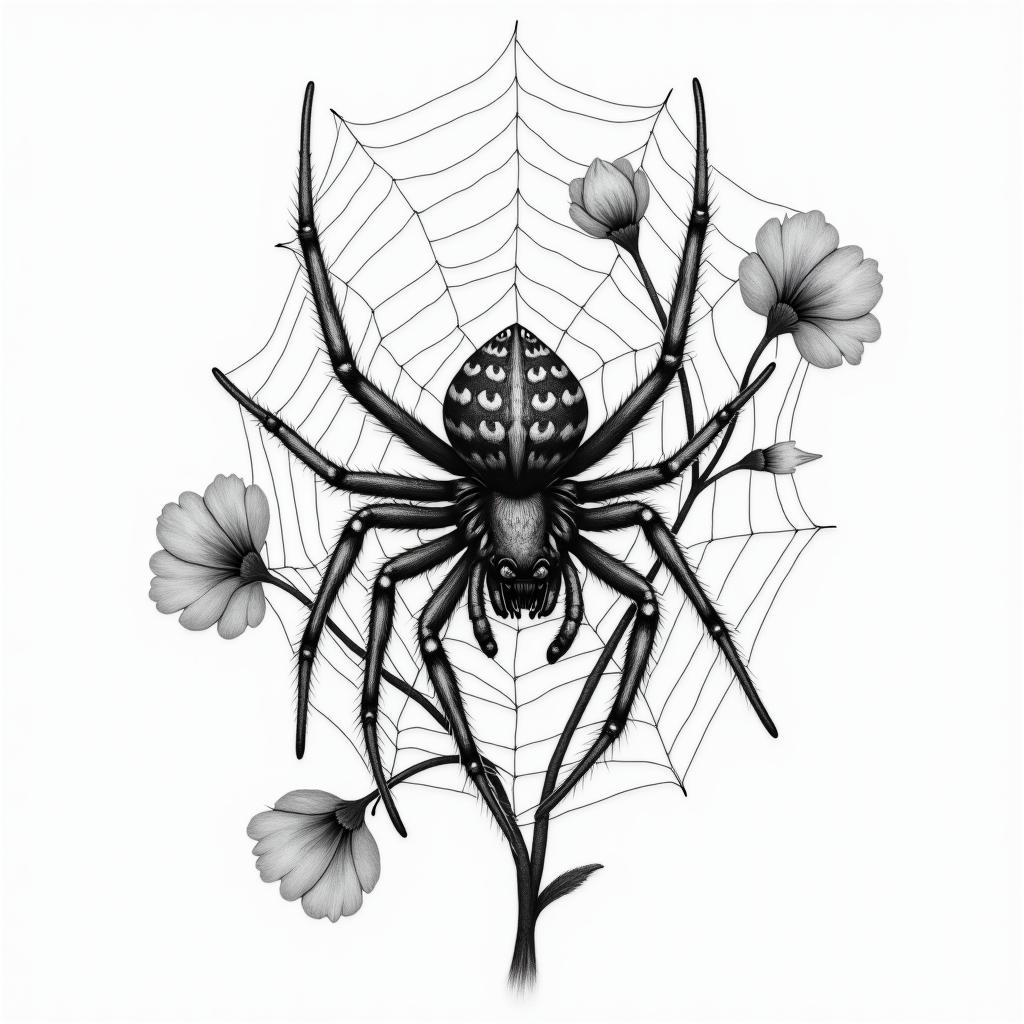 Small spider on web with flowers with stemin realism tattoo style, featuring a highly detailed, lifelike, capturing every detail, photorealistic, ultra realistic, intricate shading, smooth and sharp, - Variation 9