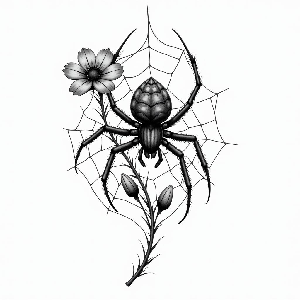Small spider on web with flowers with stemin realism tattoo style, featuring a highly detailed, lifelike, capturing every detail, photorealistic, ultra realistic, intricate shading, smooth and sharp, - Variation 7