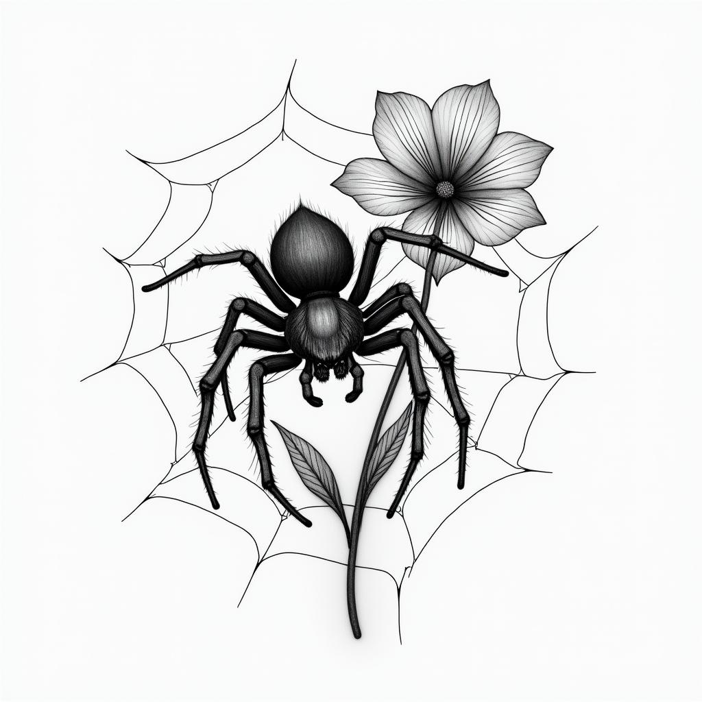 Small spider on web with flowers with stemin realism tattoo style, featuring a highly detailed, lifelike, capturing every detail, photorealistic, ultra realistic, intricate shading, smooth and sharp, - Variation 8