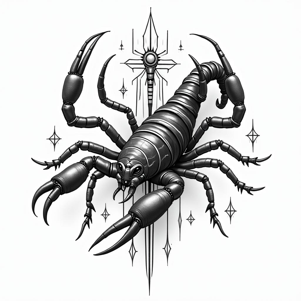 Scorpion with sharp and detailed pincersin egyptian style tattoo, bold elements of ancient egyptian culture including a portrait of an Egyptian pharaoh with detailed facial features, in hieroglyphs and symbolic imagery, eye of horus, ankh symbol, scarab beetle