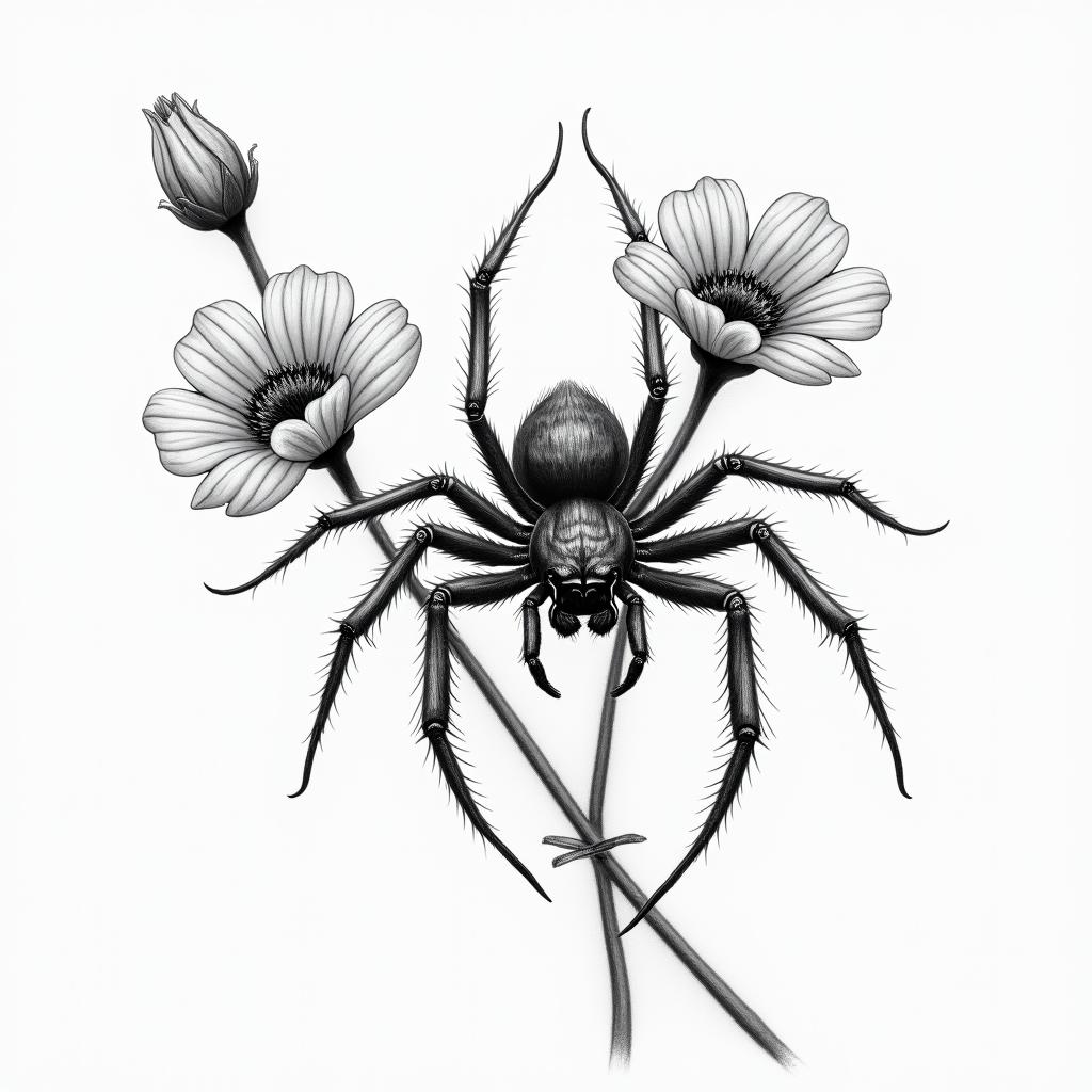 Small spider on web with flowers with stemin realism tattoo style, featuring a highly detailed, lifelike, capturing every detail, photorealistic, ultra realistic, intricate shading, smooth and sharp, - Variation 11