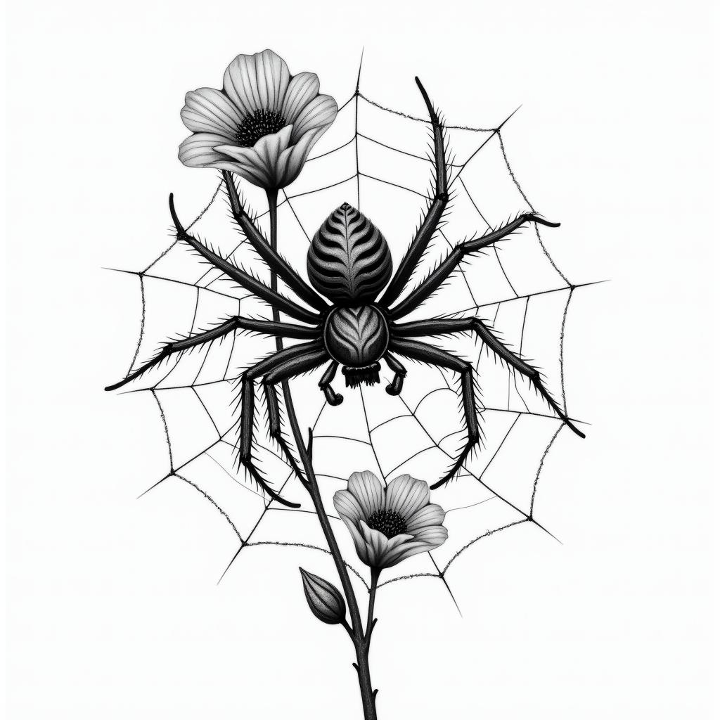 Small spider on web with flowers with stemin realism tattoo style, featuring a highly detailed, lifelike, capturing every detail, photorealistic, ultra realistic, intricate shading, smooth and sharp, - Variation 10