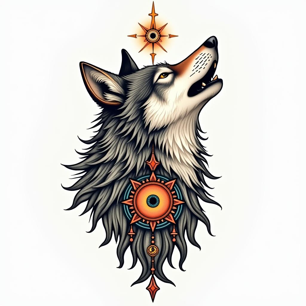Howling wolf under a fullin spiritual symbols tattoo style, featuring an intricate design incorporating elements, Hamsa hand, third eye, minimalist composition