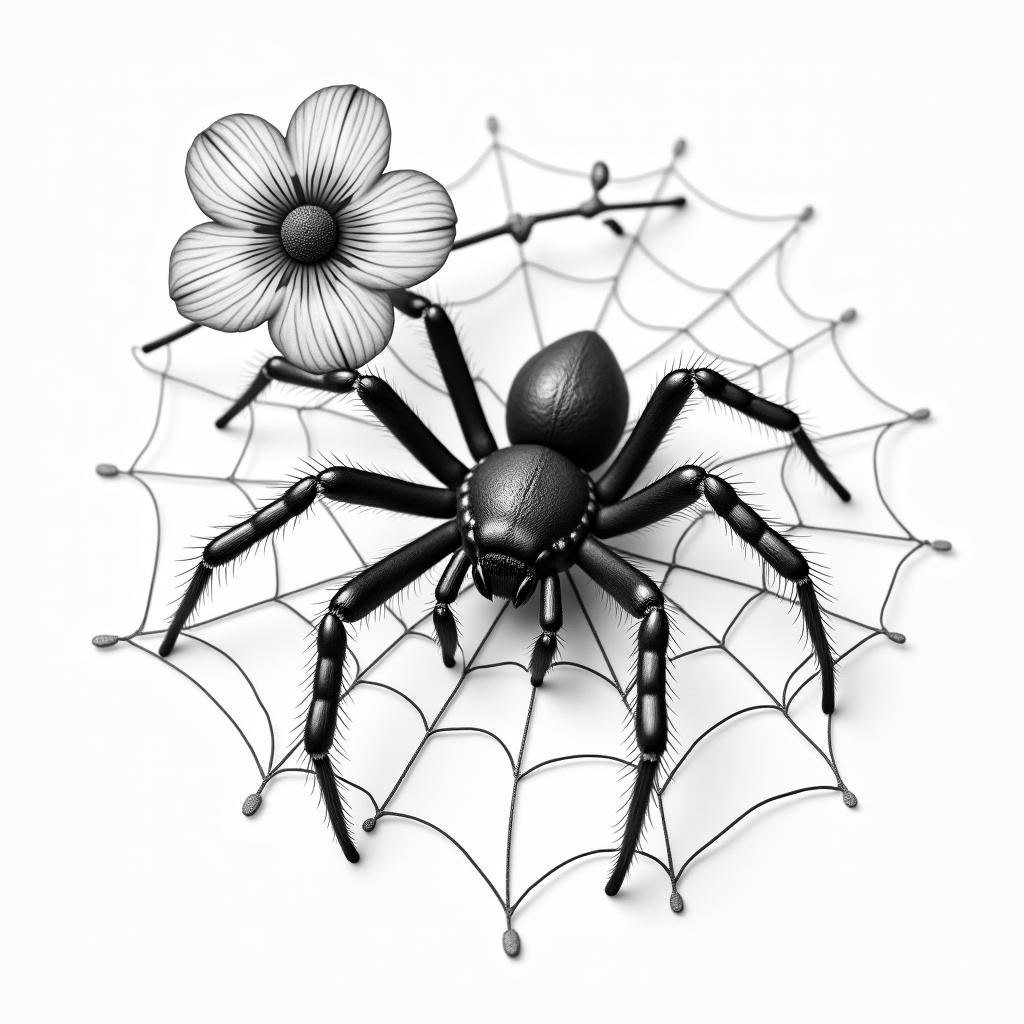 Small spider on web with flowers with stemin realism tattoo style, featuring a highly detailed, lifelike, capturing every detail, photorealistic, ultra realistic, intricate shading, smooth and sharp, - Variation 2
