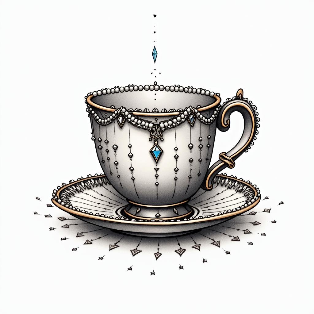 Old school sailor Jerry inspired illustration of a Teacup from the Victorian Renaissance era, heavily draped and adorned in pearls and chains with inlays of jewels and precious gemstones. Lots of colorin minimalist style tattoo, featuring simple shapes and fine lines, with minimal shading and details, tiny triangles, creating a sense of balance and harmony - Variation 2