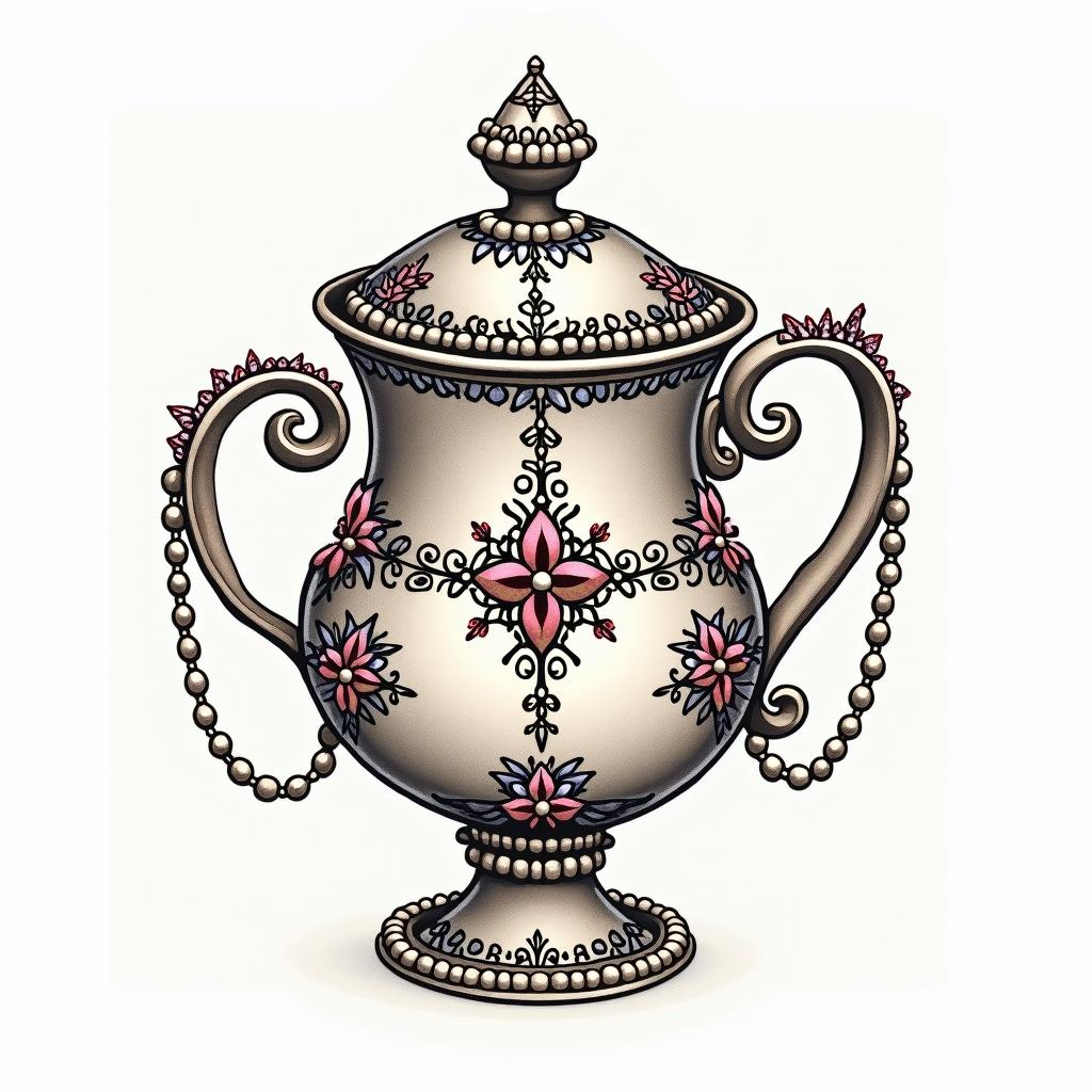 Old school sailor Jerry inspired illustration of a Teacup from the Victorian Renaissance era, heavily draped and adorned in pearls and chains with inlays of jewels and precious gemstones. Lots of colorin minimalist style tattoo, featuring simple shapes and fine lines, with minimal shading and details, tiny triangles, creating a sense of balance and harmony - Variation 4