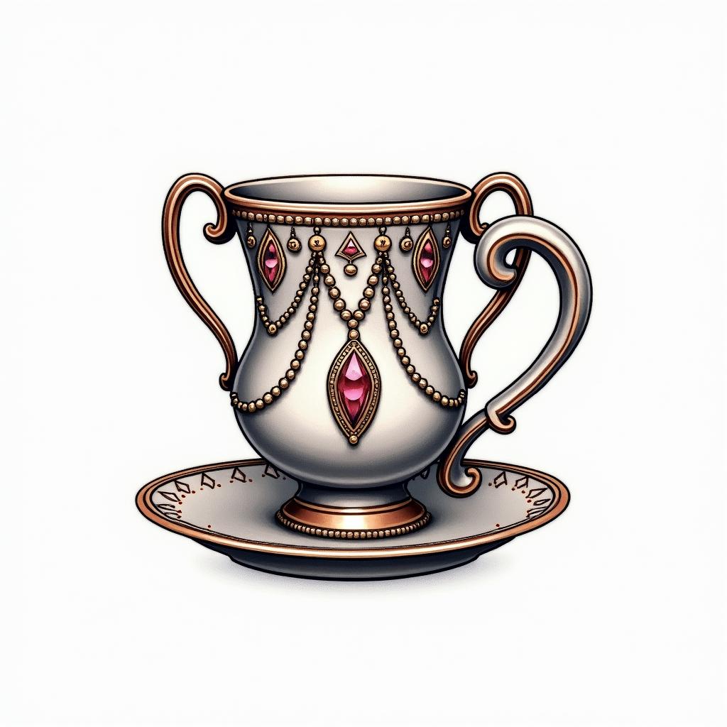 Old school sailor Jerry inspired illustration of a Teacup from the Victorian Renaissance era, heavily draped and adorned in pearls and chains with inlays of jewels and precious gemstones. Lots of colorin minimalist style tattoo, featuring simple shapes and fine lines, with minimal shading and details, tiny triangles, creating a sense of balance and harmony