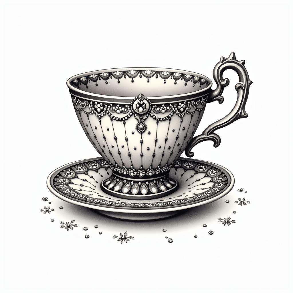 Old school sailor Jerry inspired illustration of a Teacup from the Victorian Renaissance era, heavily draped and adorned in pearls and chains with inlays of jewels and precious gemstones. Lots of colorin minimalist style tattoo, featuring simple shapes and fine lines, with minimal shading and details, tiny triangles, creating a sense of balance and harmony - Variation 3