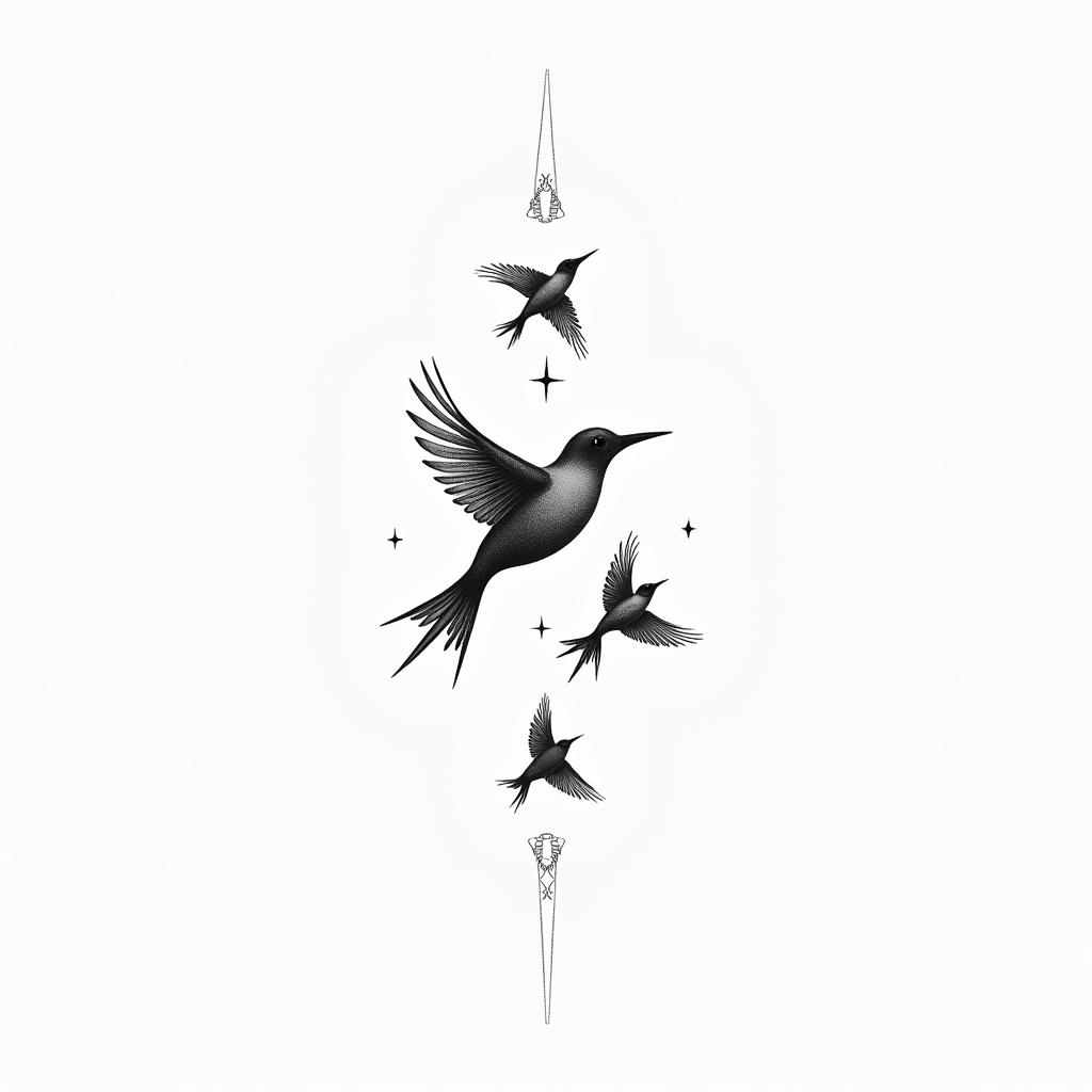 Live sea birdsin minimalist style tattoo, featuring simple shapes and fine lines, with minimal shading and details, tiny triangles, creating a sense of balance and harmony - Variation 2