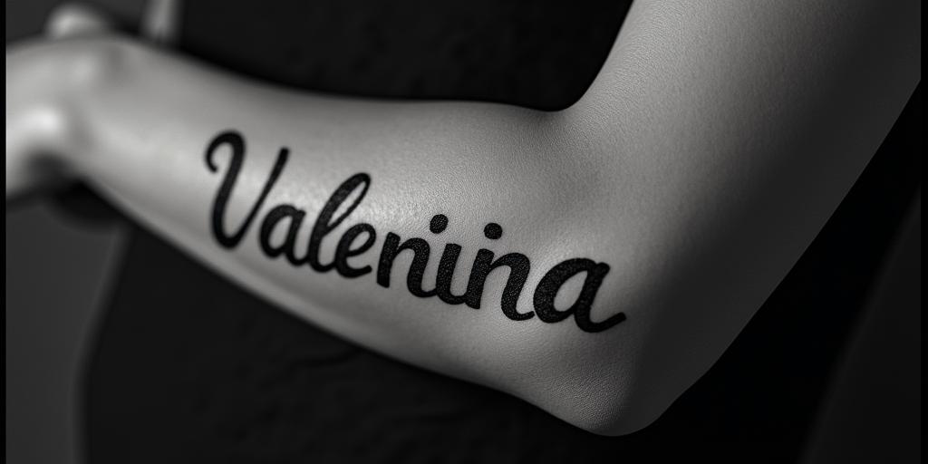 Name Valentinatext-based tattoo, gothic font ultra-realistic, perfectly placed, high-quality font design, photo-realistic shading, 8k, high quality, finely detailed typography - Variation 2