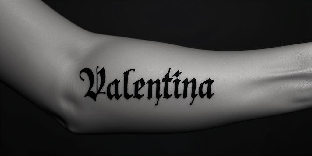 Name Valentinatext-based tattoo, gothic font ultra-realistic, perfectly placed, high-quality font design, photo-realistic shading, 8k, high quality, finely detailed typography - Variation 4