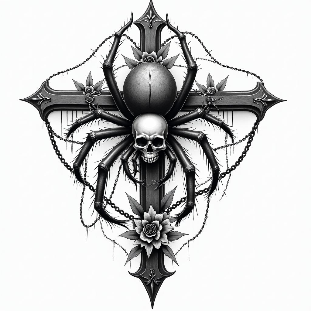 Small spider on web with lots of flowersin chicano style tattoo, featuring intricate black and grey shading, bold elements of traditional chicano culture symbols, add a big cross with skull, chains and roses - Variation 5