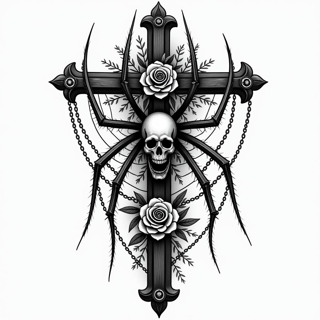 Small spider on web with lots of flowersin chicano style tattoo, featuring intricate black and grey shading, bold elements of traditional chicano culture symbols, add a big cross with skull, chains and roses - Variation 8
