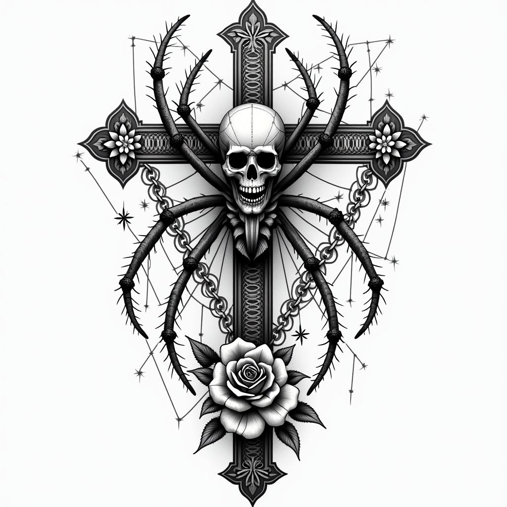 Small spider on web with lots of flowersin chicano style tattoo, featuring intricate black and grey shading, bold elements of traditional chicano culture symbols, add a big cross with skull, chains and roses - Variation 4