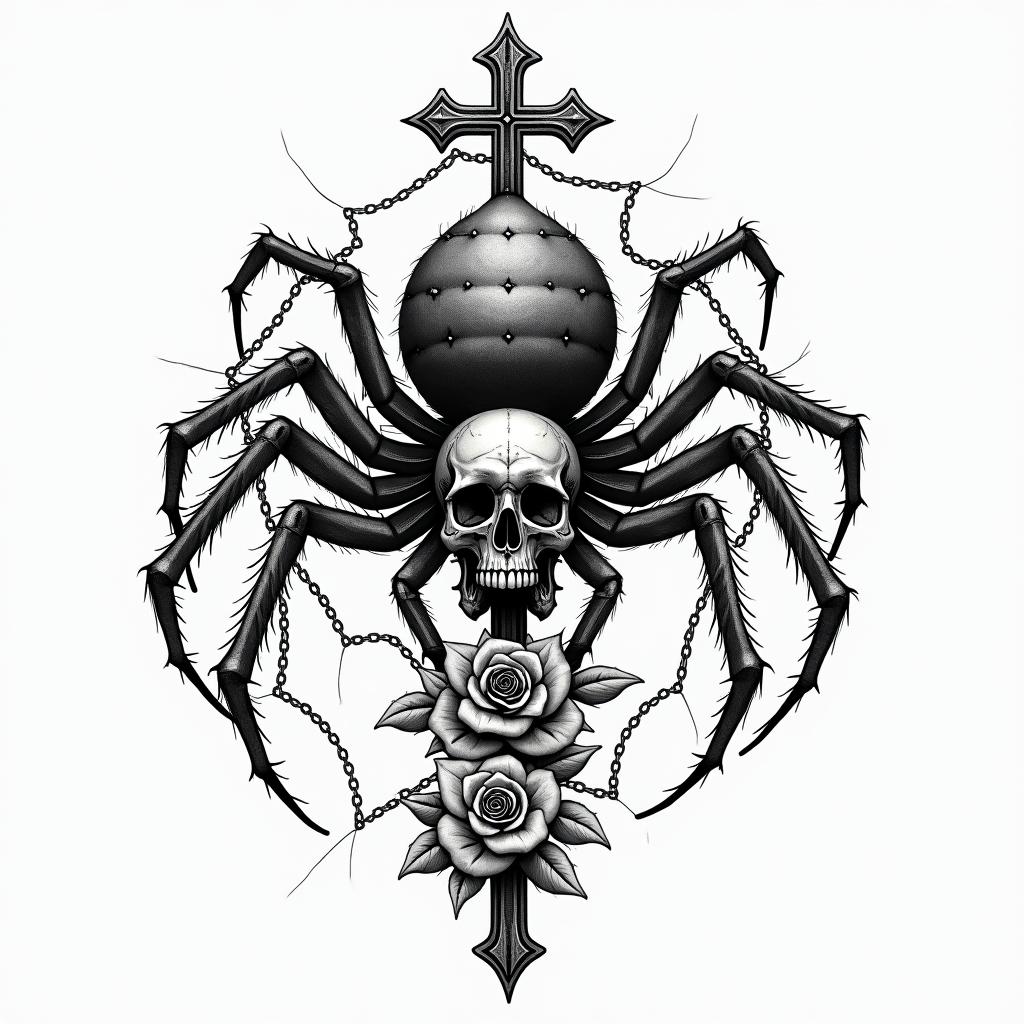 Small spider on web with lots of flowersin chicano style tattoo, featuring intricate black and grey shading, bold elements of traditional chicano culture symbols, add a big cross with skull, chains and roses - Variation 2