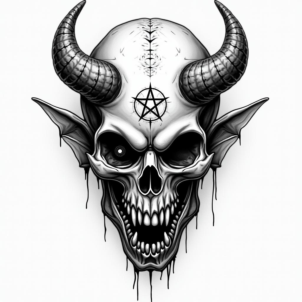 James Sagittarius Indianacreepy horror tattoo style, featuring an eerie and unsettling skull of a demonic creature, distorted face with sharp fangs, add pentagram symbol - Variation 4
