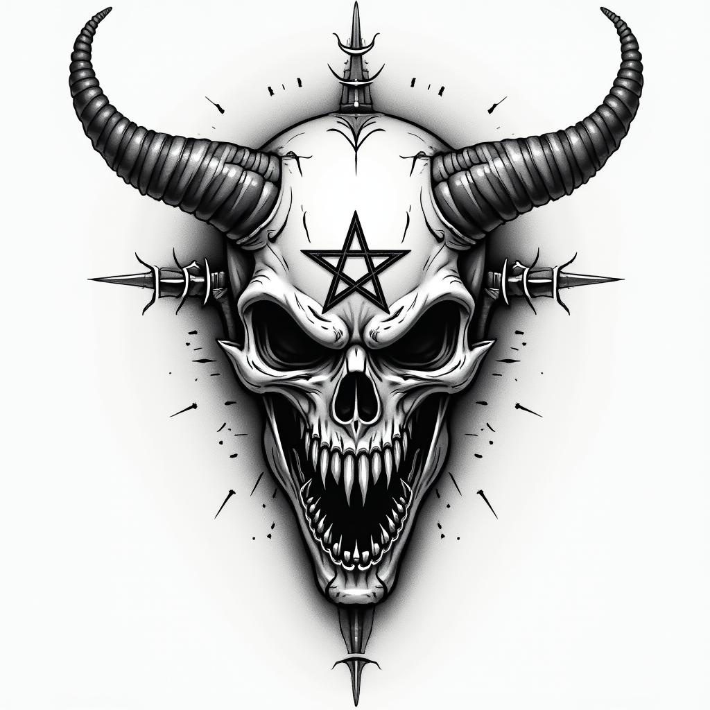 James Sagittarius Indianacreepy horror tattoo style, featuring an eerie and unsettling skull of a demonic creature, distorted face with sharp fangs, add pentagram symbol - Variation 2