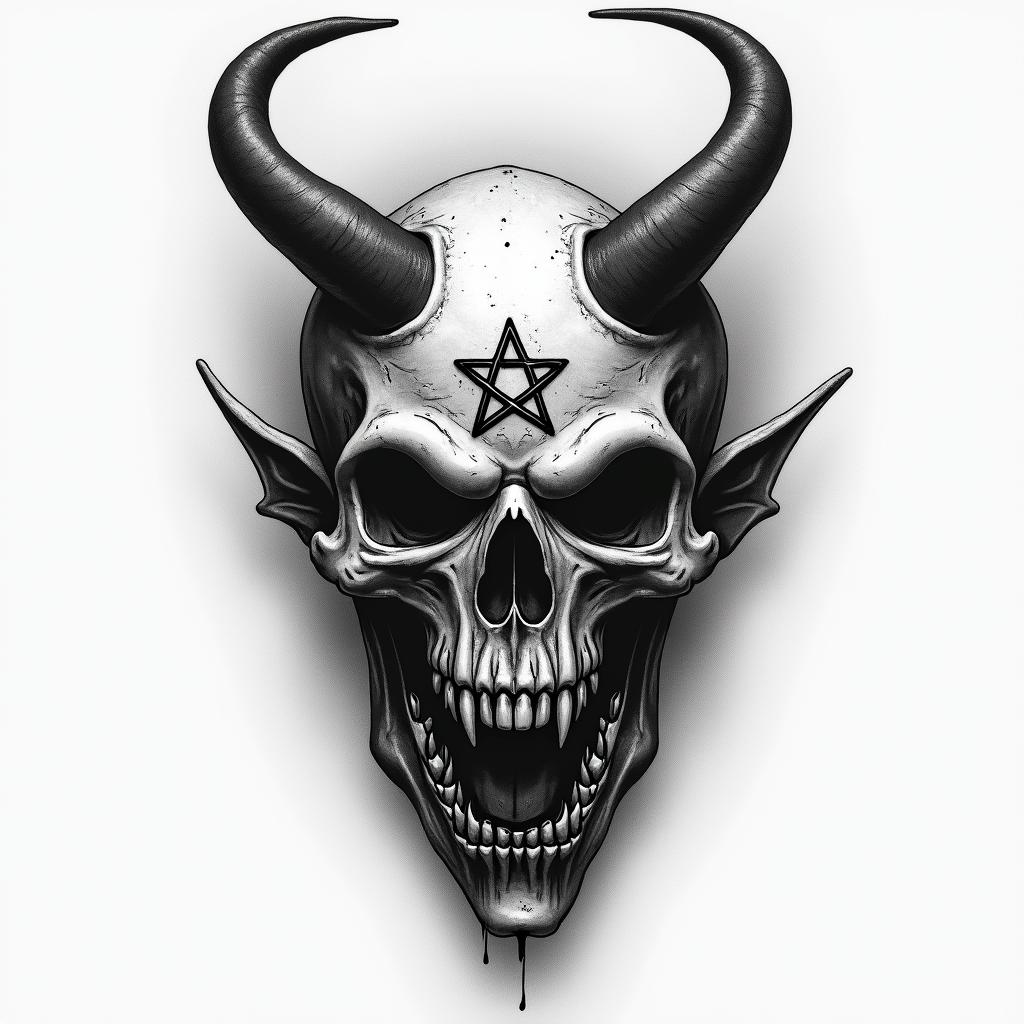 James Sagittarius Indianacreepy horror tattoo style, featuring an eerie and unsettling skull of a demonic creature, distorted face with sharp fangs, add pentagram symbol