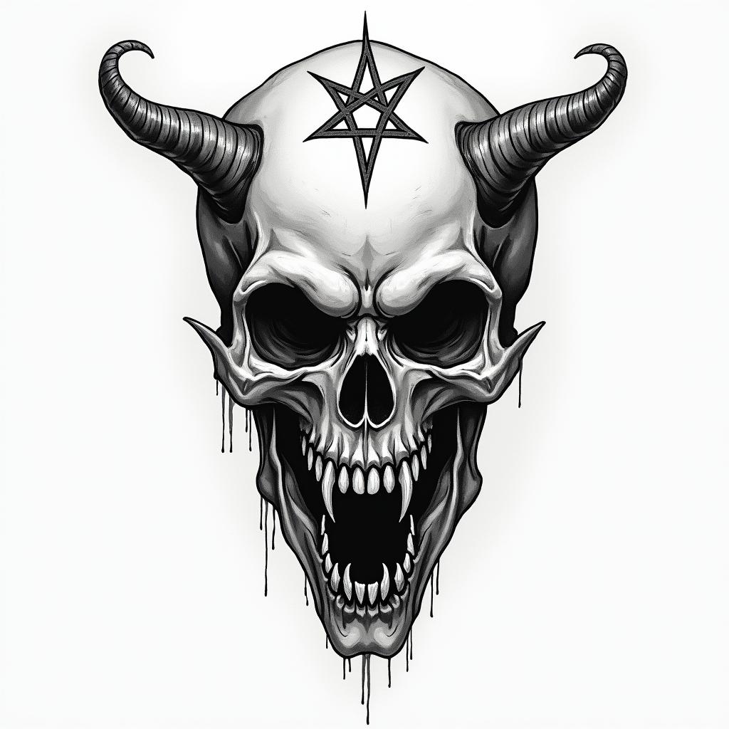 James Sagittarius Indianacreepy horror tattoo style, featuring an eerie and unsettling skull of a demonic creature, distorted face with sharp fangs, add pentagram symbol - Variation 3