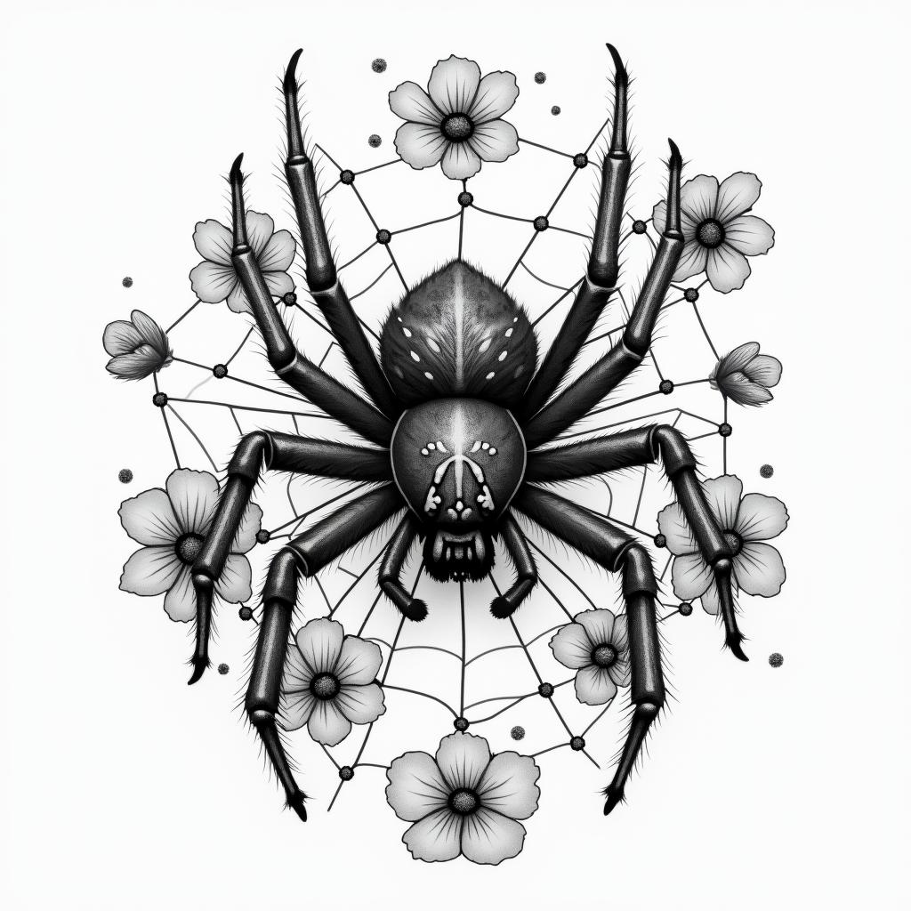 Small spider on web with lots of flowersin portrait tattoo style, featuring a highly realistic and detailed depiction  - Variation 29