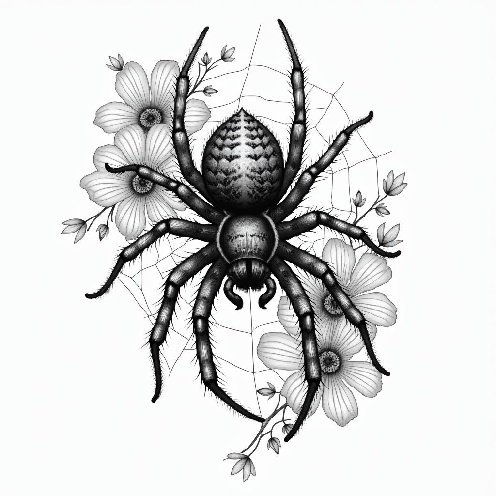 Small spider on web with lots of flowersin portrait tattoo style, featuring a highly realistic and detailed depiction  - Variation 28