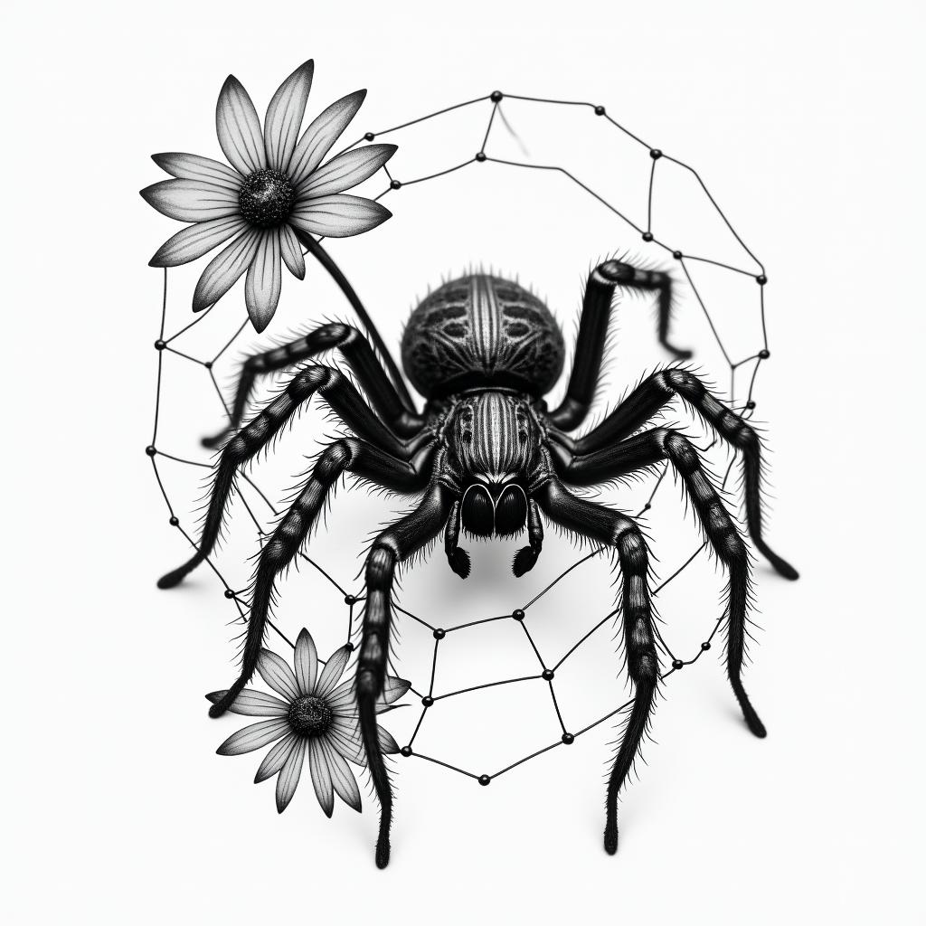 Small spider on web with lots of flowersin portrait tattoo style, featuring a highly realistic and detailed depiction  - Variation 25