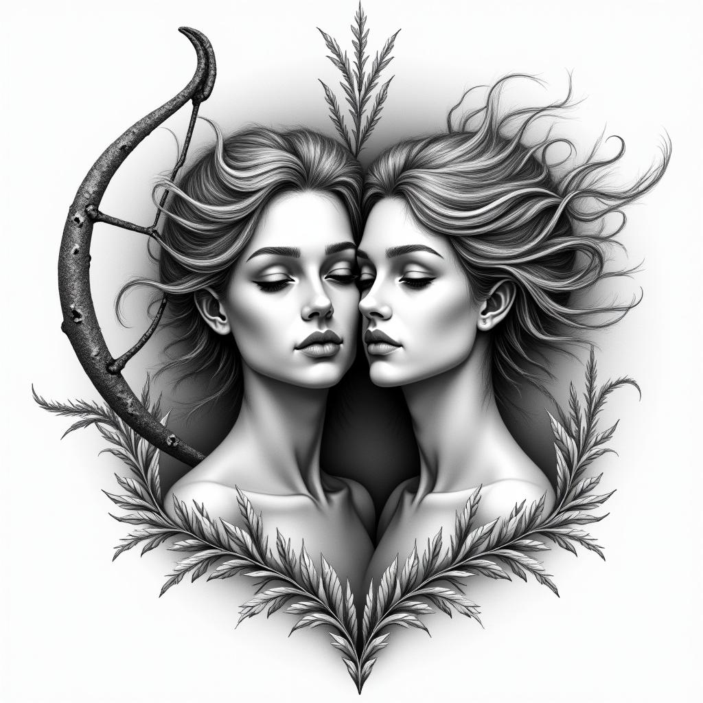 Sagittarius and Virgo intertwined togetherin portrait tattoo style, featuring a highly realistic and detailed depiction  - Variation 2