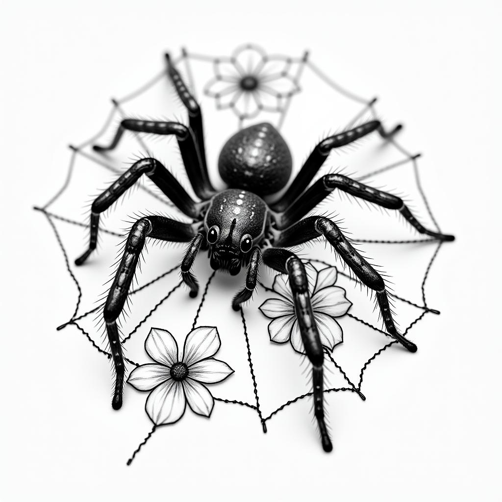 Small spider on web with lots of flowersin portrait tattoo style, featuring a highly realistic and detailed depiction  - Variation 22