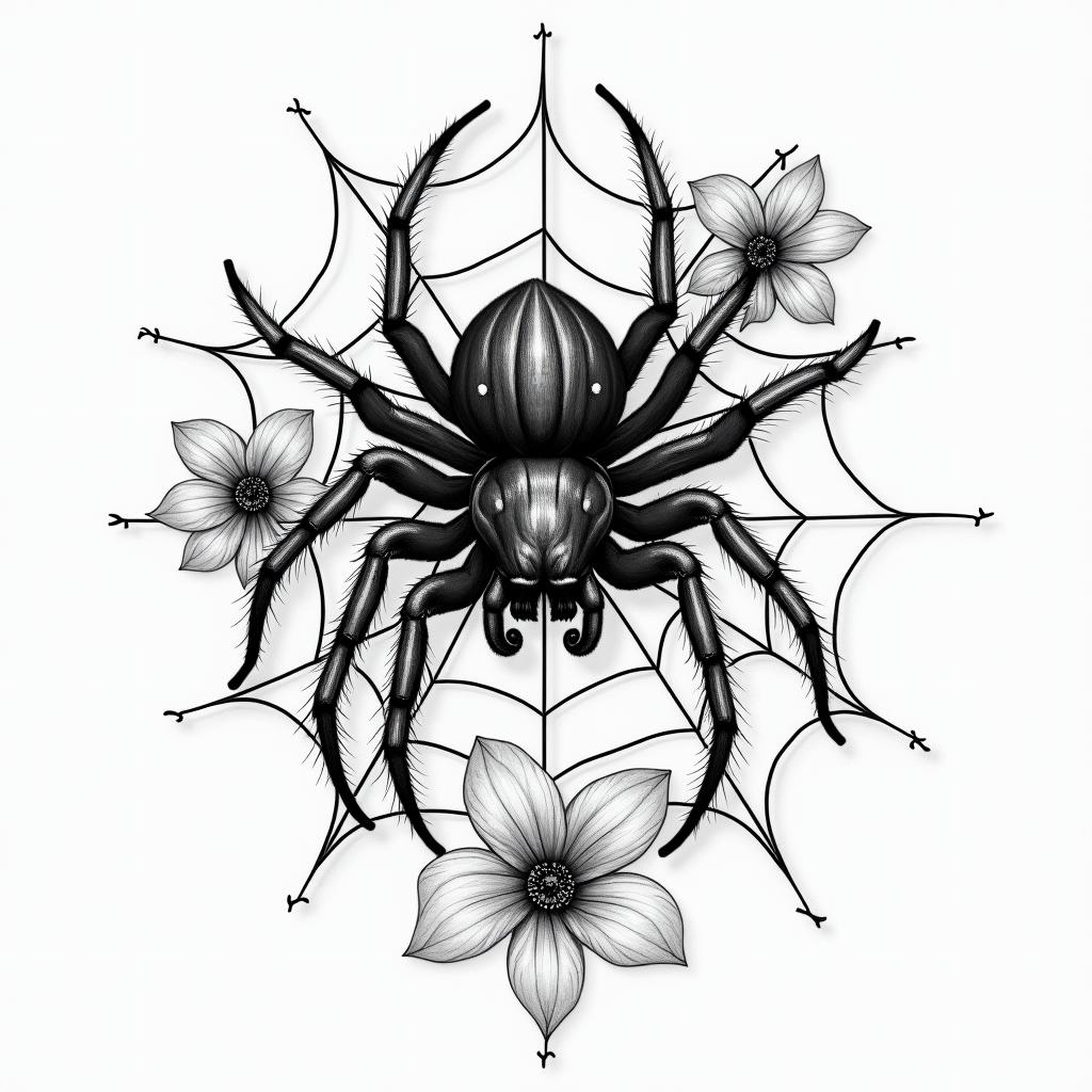 Small spider on web with lots of flowersin portrait tattoo style, featuring a highly realistic and detailed depiction  - Variation 24