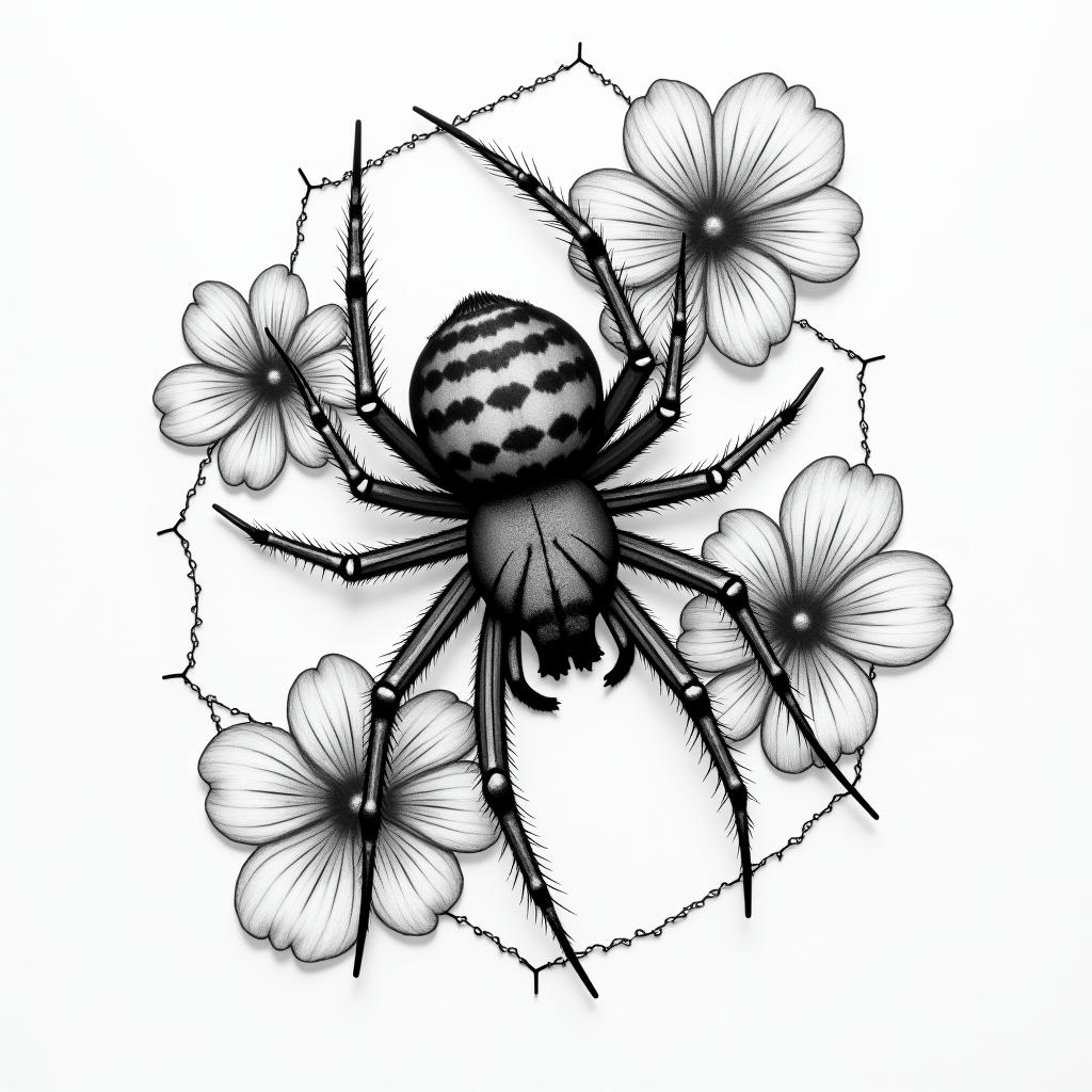 Small spider on web with lots of flowersin portrait tattoo style, featuring a highly realistic and detailed depiction  - Variation 15