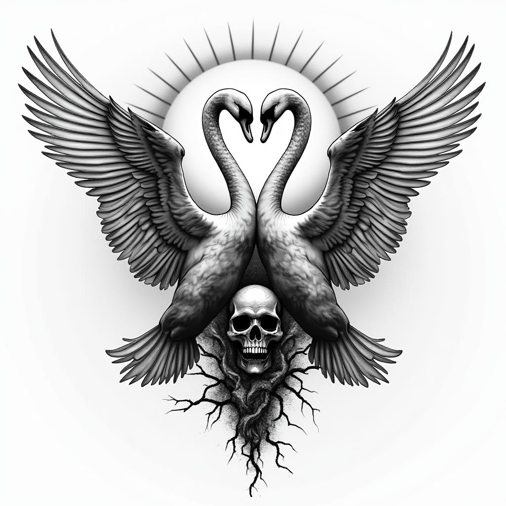 Flying Swans Sunset in horror tattoo style, showcasing haunting and unsettling, dark and gritty textures with skulls, eerie faces, jgged designs, bold and intense shading - Variation 2