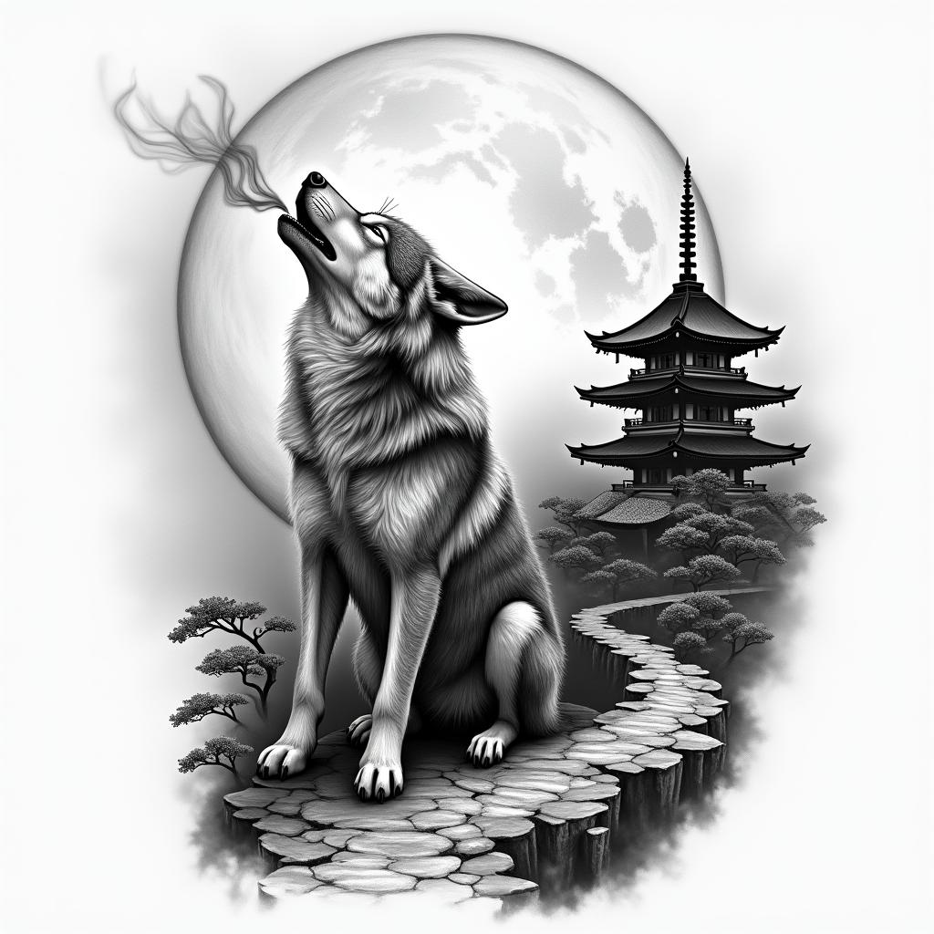 Hi, I would like a black and white wolf tattoo on my forearm. The wolf should be howling at the moon and breathing out smoke. In the background, there should be a Japanese temple, and a small path leading to the temple. The wolf should be in the foreground. The tattoo should be in a realistic style.in realism tattoo style, featuring a highly detailed, lifelike, capturing every detail, photorealistic, ultra realistic, intricate shading, smooth and sharp,   - Variation 3