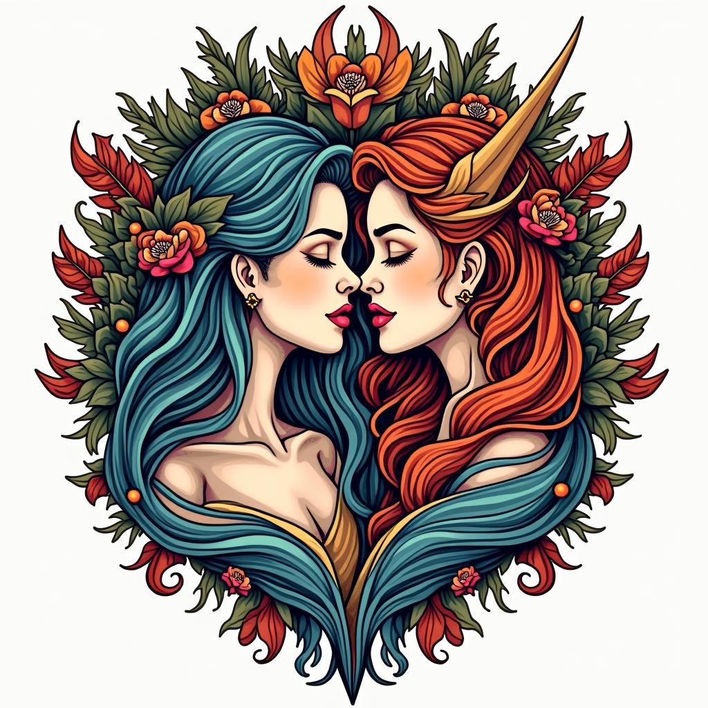 Virgo being the male and Sagittarius being the female togetherin pop art style tattoo, featuring bold and vibrant colors, exaggerated outlines, iconic imagery, inspired by comic books and speech bubbles, comic book characters, retro pop culture - Variation 3