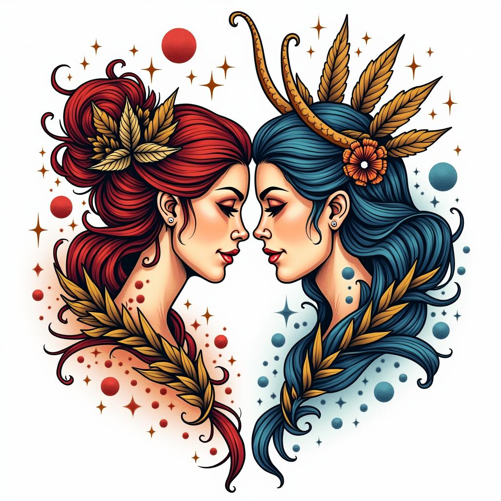 Virgo being the male and Sagittarius being the female togetherin pop art style tattoo, featuring bold and vibrant colors, exaggerated outlines, iconic imagery, inspired by comic books and speech bubbles, comic book characters, retro pop culture - Variation 2