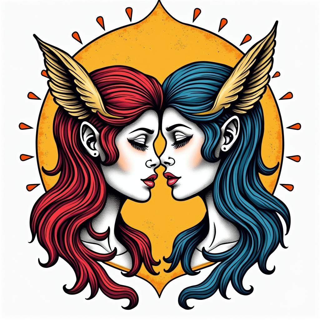 Virgo being the male and Sagittarius being the female togetherin pop art style tattoo, featuring bold and vibrant colors, exaggerated outlines, iconic imagery, inspired by comic books and speech bubbles, comic book characters, retro pop culture - Variation 4
