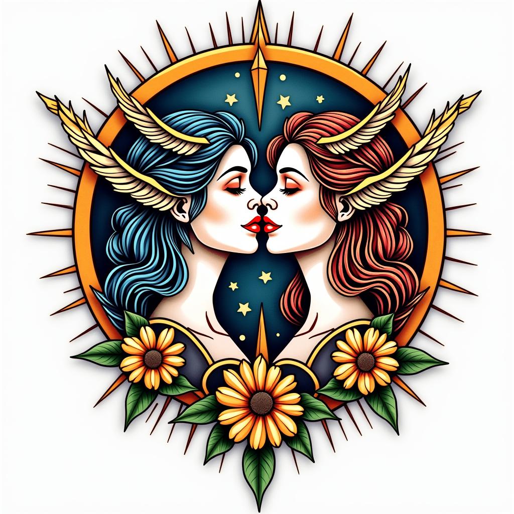 Virgo being the male and Sagittarius being the female togetherin pop art style tattoo, featuring bold and vibrant colors, exaggerated outlines, iconic imagery, inspired by comic books and speech bubbles, comic book characters, retro pop culture