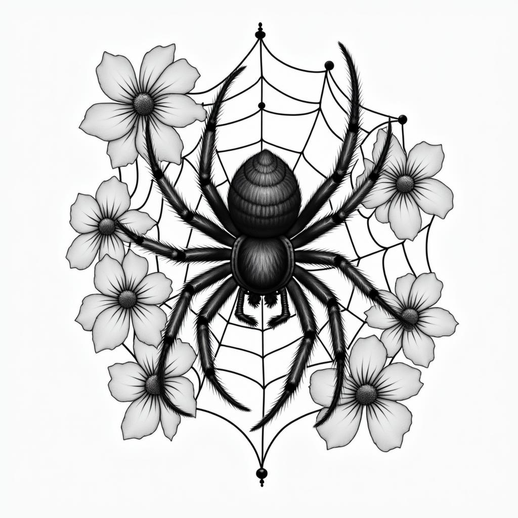Small spider on web with lots of flowersin portrait tattoo style, featuring a highly realistic and detailed depiction  - Variation 4