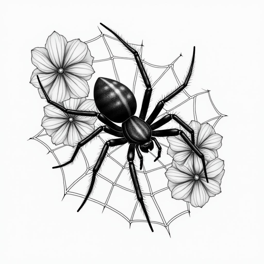 Small spider on web with lots of flowersin portrait tattoo style, featuring a highly realistic and detailed depiction  - Variation 5
