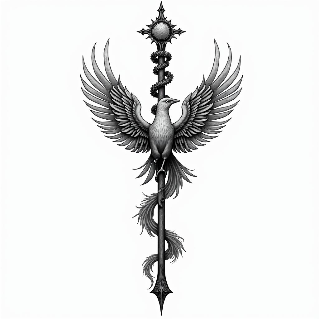 Rod of Asclepius with phoenixin new school tattoo, pop culture, modern, detailed tattoo, illustrative