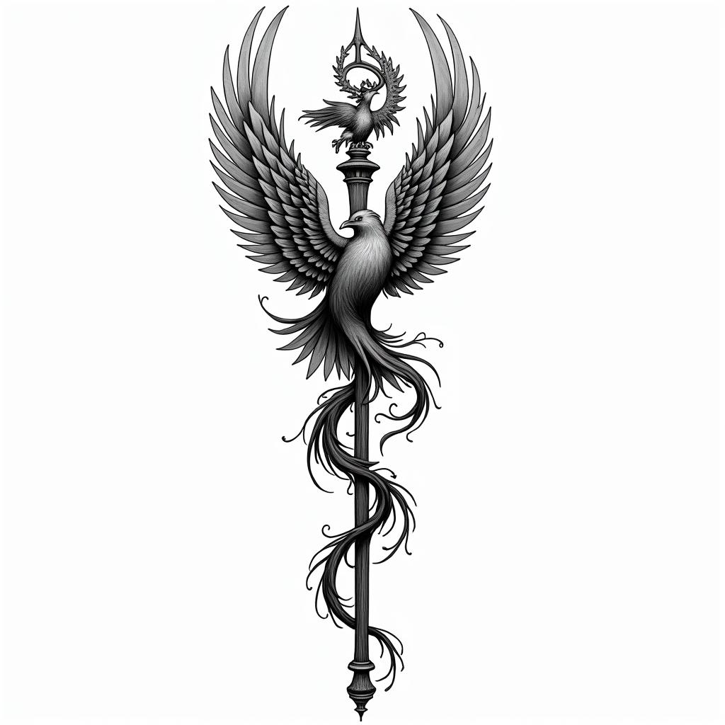 Rod of Asclepius with phoenixin new school tattoo, pop culture, modern, detailed tattoo, illustrative - Variation 3